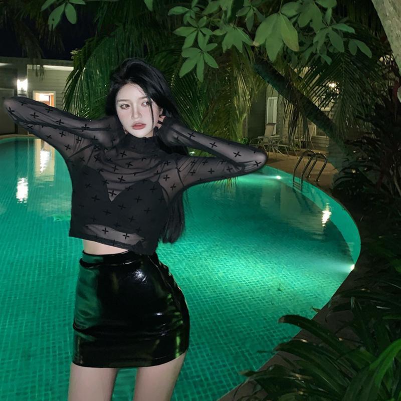 SS24 Women Crop Cover-Up Tops Cross Print Sheer Long Sleeve Shirt Casual Pullovers for Club Streetwear Aesthetic Clothes 2