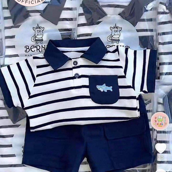 [ HaDuyen Kids ] Bộ Quần Áo POLO  kẻ in hình cá mập chất liệu vải cotton co giãn dành cho bé trai mùa hè 7-32kg