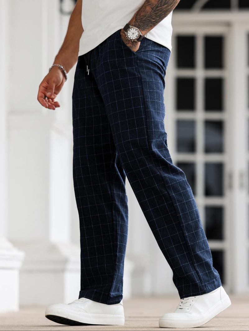 Product Introduction of Men's Plaid Print Drawstring Waist Straight Leg Pants, Regular Fit Casual Comfy Pocket Trousers for Daily Wear, Men's Bottoms for All Seasons 7