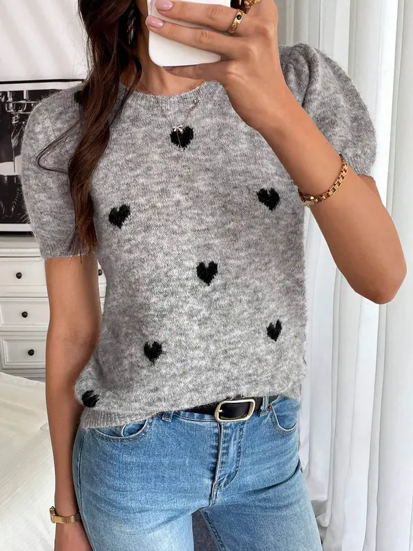 Women's Heart Print Crew Neck Sweater, Casual Short Sleeve Jumper for Daily Wear, Ladies Knitwear for Summer 3