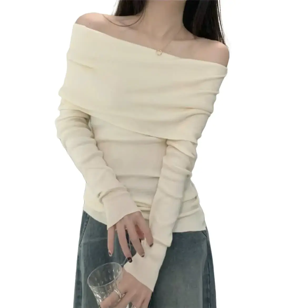 Áo Thun Gân trễ vai có dây rút màu kem cho Nữ - Women Nhung Top baby  tee