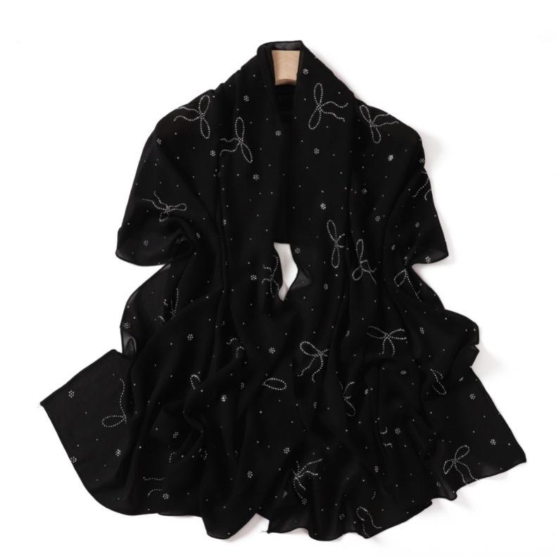 Product Introduction of High-End Heavy Craft Bowknot Rhinestone Solid Color Chiffon Long Scarf Full Rhinestone Shawl Headscarf Cape Scarf Silk Scarf for Women 22