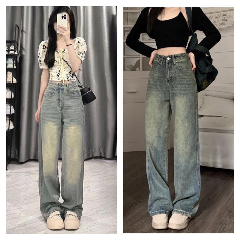 Quần Jean ống rộng lưng cao màu xanh cổ điển S28 Nữ Women Pants Denim 6