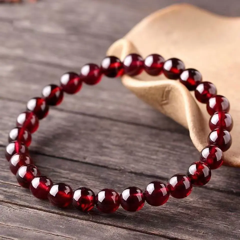[48 Hours Shipping] Synthetic Glass Wine Red Garnet Lucky Bracelet Single Circle Zodiac Year Women's Stone Wealth-Attracting Ethnic Style