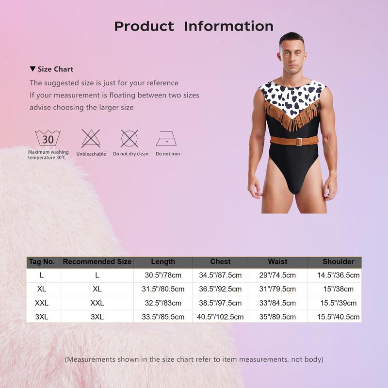 Product Introduction of Yhong Mens Sexy West Cowboy Bodysuit Sleeveless Cow Print Faux Suede Tassel Leotard with Belt 0