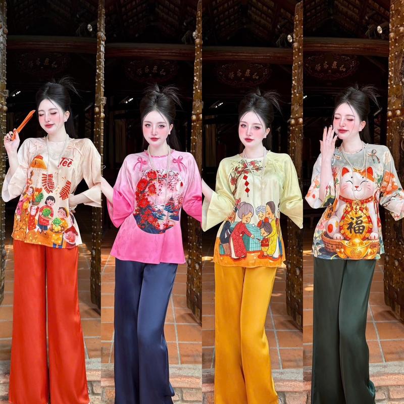[ 40 - 70kg ] Đồ lam đi chùa, pháp phục gấm tay lỡ in hoạ tiết Tết 1