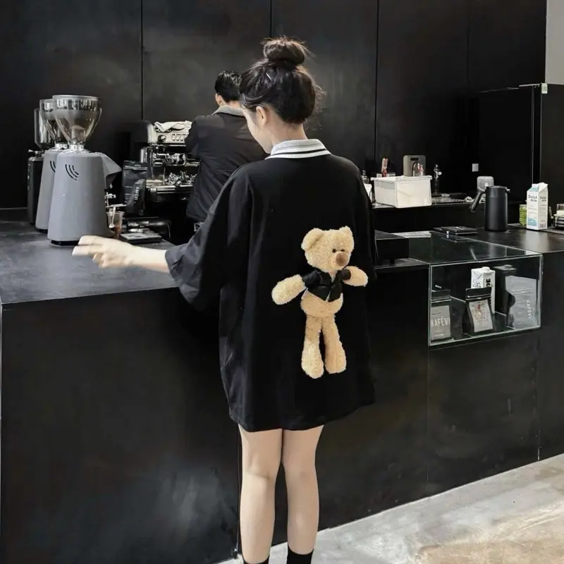 [TẶNG KÈM GẤU NÂU ĐEN] Áo thun cotton form thụng  cổ polo Demazo màu đen thêu chữ cá tính cho nữ by Tlan 0