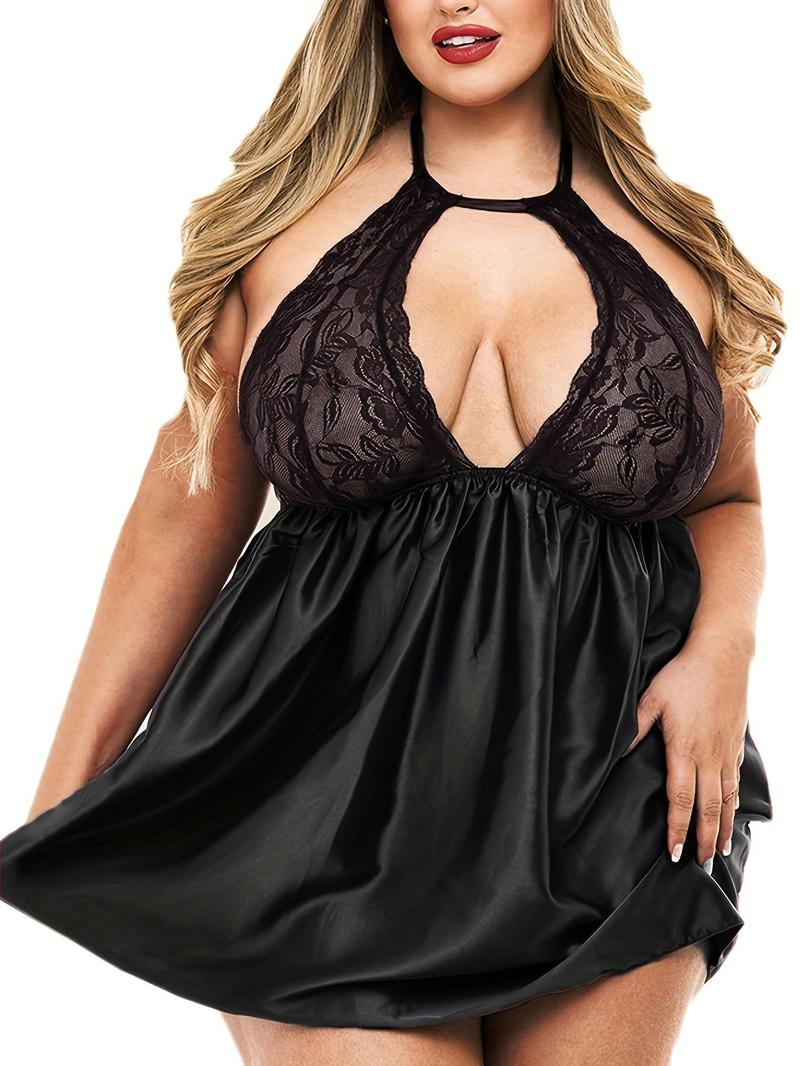 Product Introduction of 【Plus Size】 Solid Lace Nightdress, Sexy Elegant Comfy Breathable Nightgown for Women, Women's Sleepwear for All Seasons 1