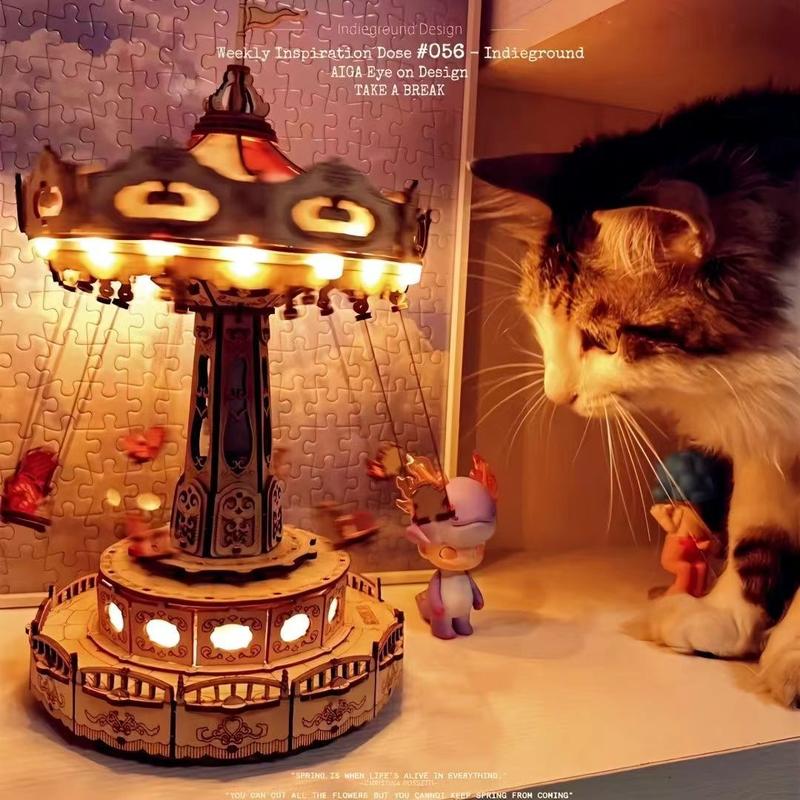 Product Introduction of Music Box Puzzle Aerial Flying Chair DIY Handmade Model Building Blocks 3D Puzzle Model Wooden Toy Driving Assembly 5