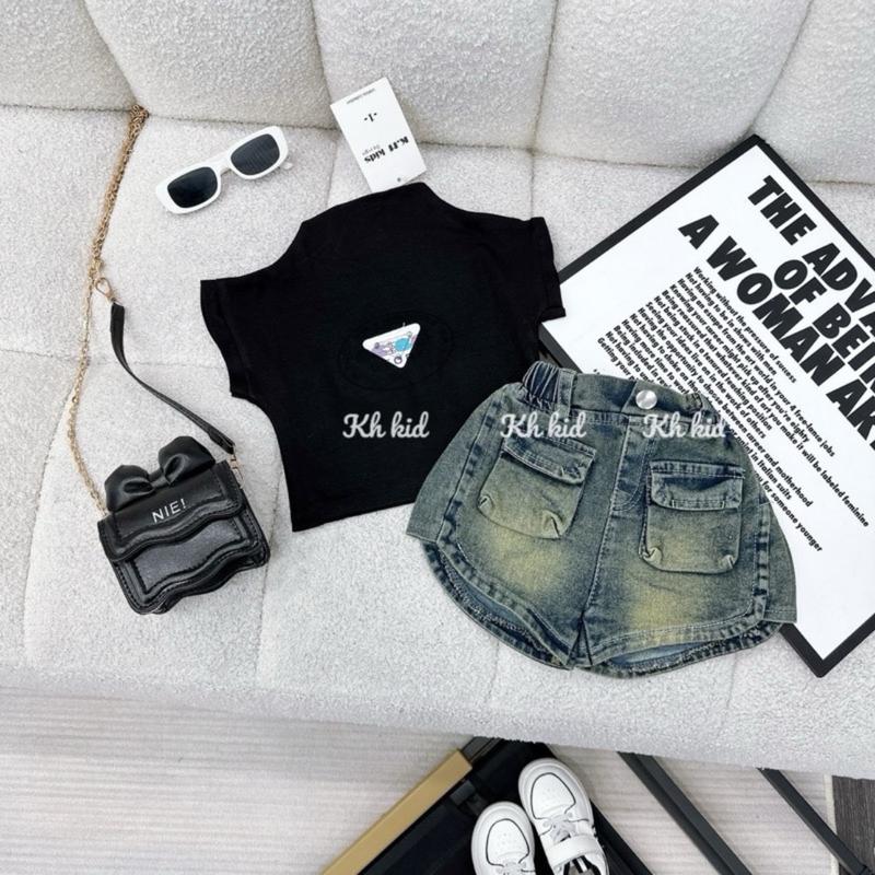  Bộ áo thun cotton kèm tag và quần short túi hộp siêu cá tính đáng yêu cho bé gái 