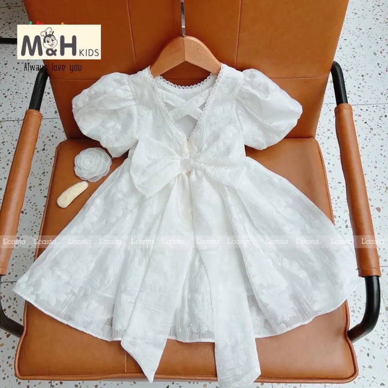 Váy Đầm Gấm Hoa Tay Phồng Cao Cấp Cho Bé Gái 5