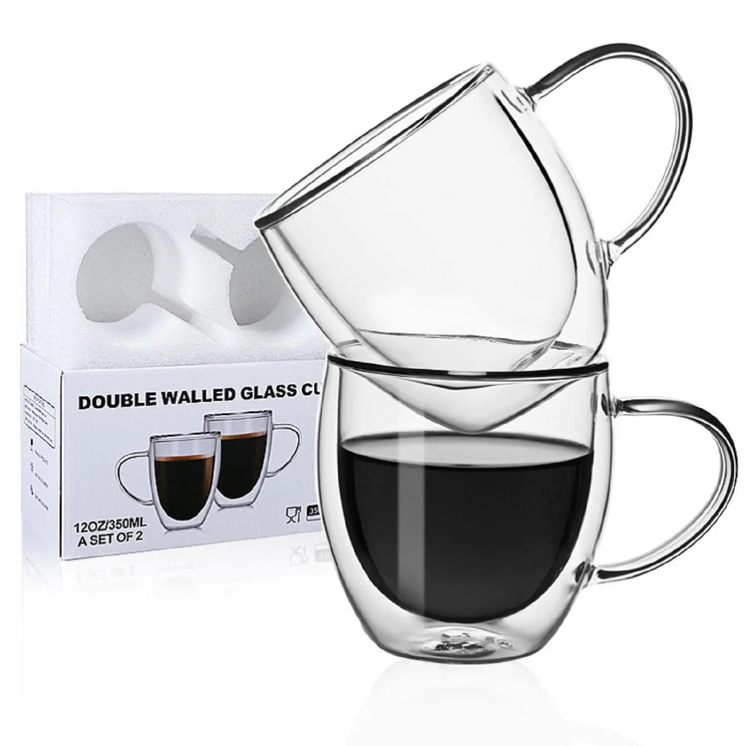 2pcs/box Coffee Cup Set, Transparent Double Wall Water Glass Mug for Drink, Kitchen Accessories, Clear Glass Cup with Handle, Drinking Supplies for Home Kitchen Office, Gift for Friends