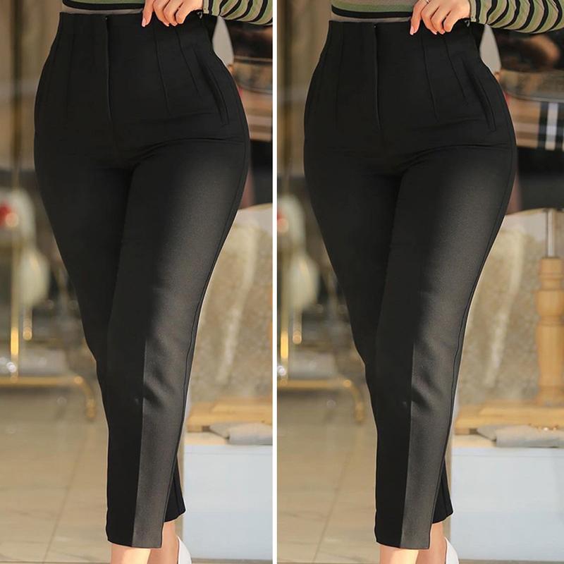 Jianmeje High Waist Pleated Pockets Ninth-Length Women Trousers Solid Color Straight Leg Suit Pants 8