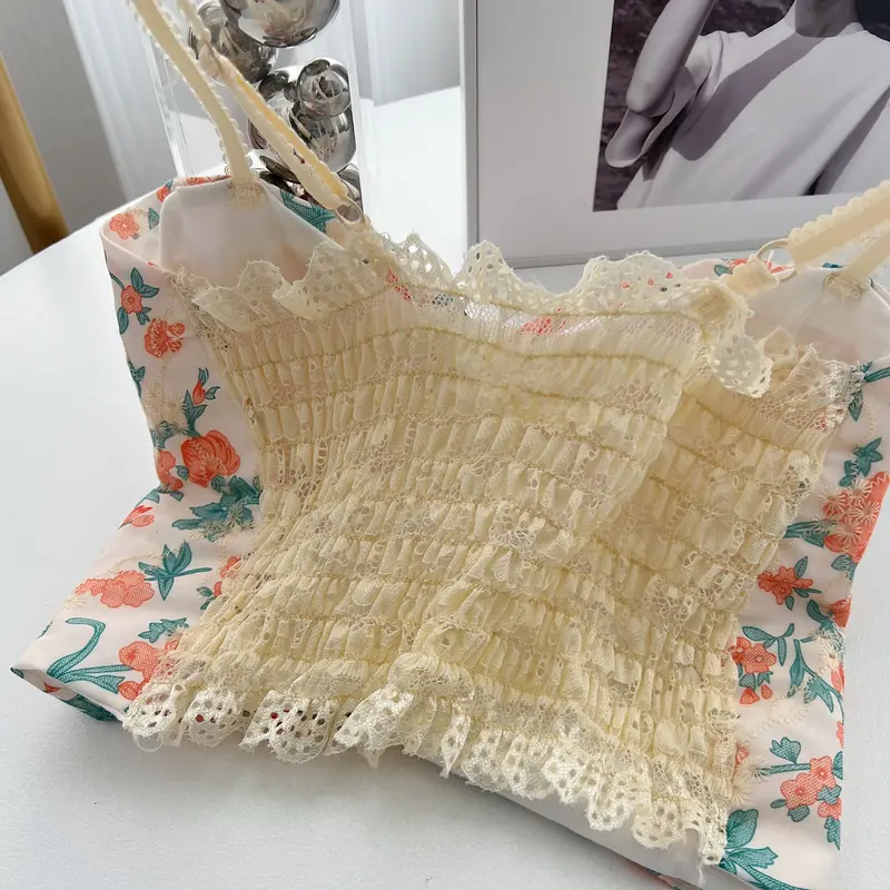 Comfitstore Und334 Tanktop Pantai Wanita Motif Bunga Bagian Dada Kerut Jiso Lembut Nyaman Busa Panjang Pink Kotak Pita 5
