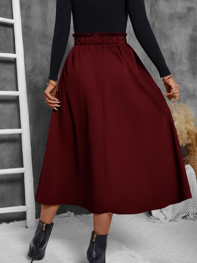 Product Introduction of 【2025】Women's Solid Frill Trim Elastic Waist Skirt, Casual Fashion Pocket A Line Midi Skirt for Daily Outdoor Wear, Women's Bottoms for Spring & Fall 5