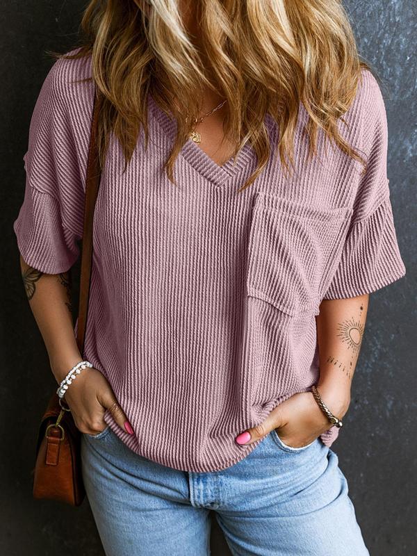 Women's Plain Textured Pocket V Neck Tee, Casual Minimalist Drop Shoulder Half Sleeve T-shirt for Summer, Ladies Clothes for Daily Wear, Cute Tops, Cute Tops, Tshirt, Womenswear 1