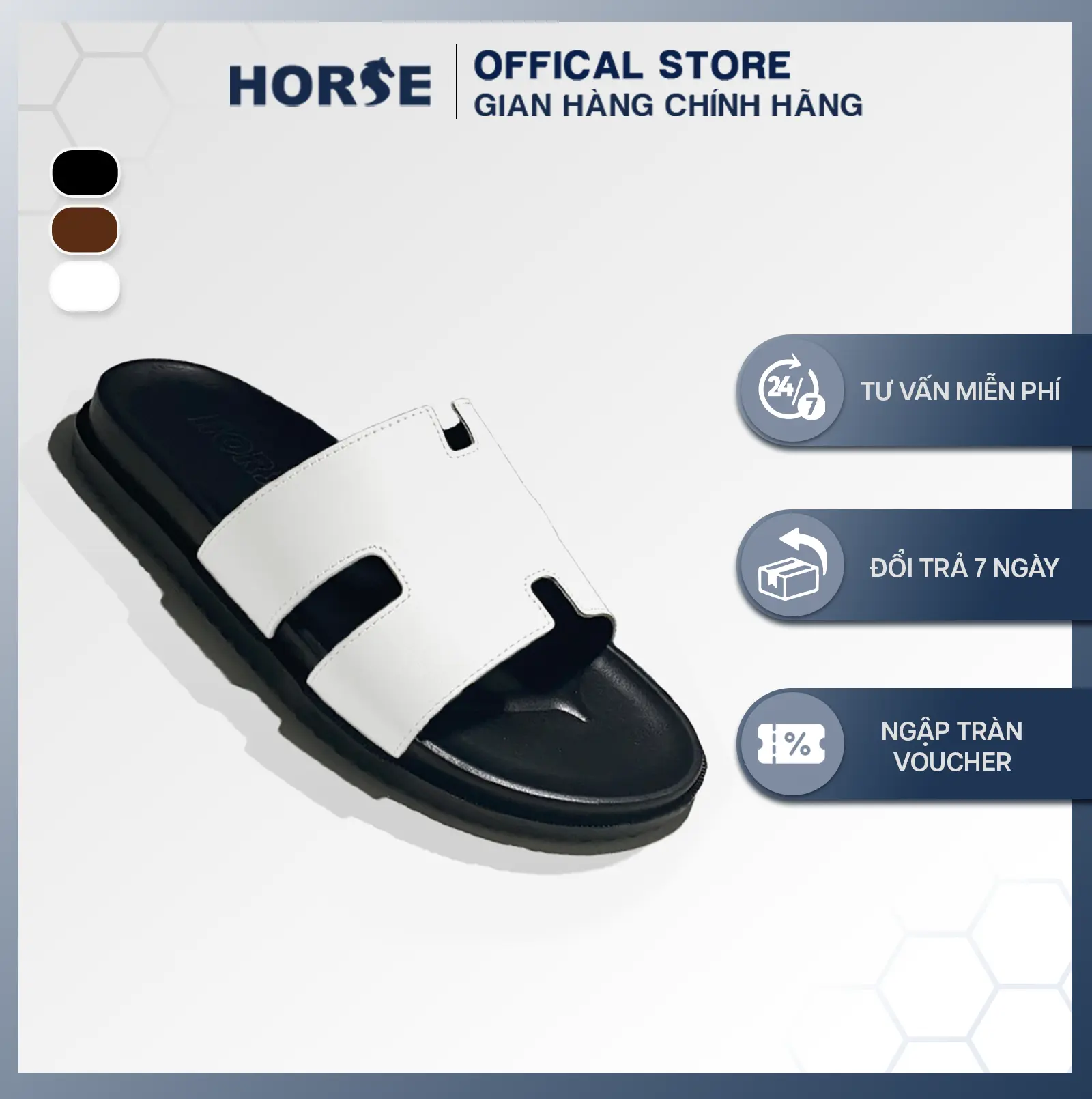 [ Horse Store ] - Dép Da Bò Chữ H Quai Ngang Thời Trang Nam Nữ,  Đế Cao Su , Lót Đế Êm, 3 Màu Đen Trắng Nâu - H01