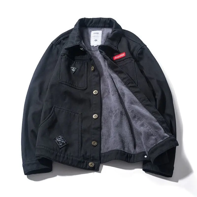 Áo Khoác Denim, Lót Lông Cừu Mùa Đông, Dày Dặn, Dáng Rộng Vừa Vặn, Ngoại Cỡ, Thích Hợp Cho Mùa Thu Và Mùa Đông, Áo Khoác Bảo Hộ Lao Động Thường Ngày Thương Hiệu Thời Trang Cho Nam