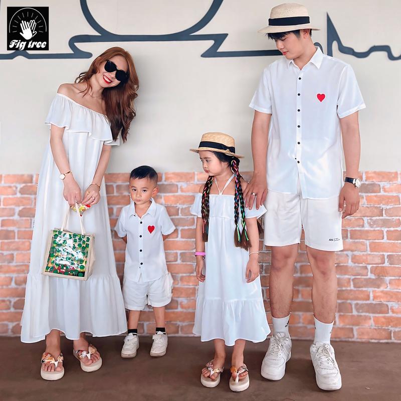 Sét Gia Đình Fig Tree( Sét giá 1 sp) - Aó Sơ Mi Và Đầm Nữ Kiểu  Maxi Trễ Vai Màu Trắng Tinh Khôi , Chất Đũi  Mềm Min, Mát Lên Dáng Siêu Đẹp Cho Gia Đình. 3