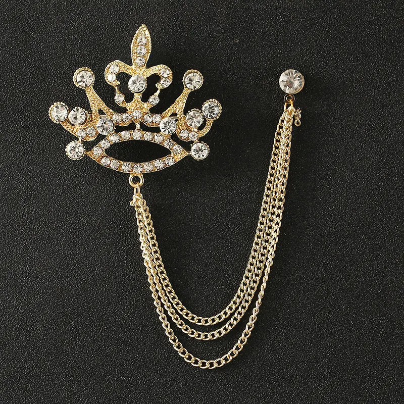Hot Selling Men's Tassel Temperamental Brooch Korean Style Chain Suit Golden Crown Red Crystal Eagle Brooch