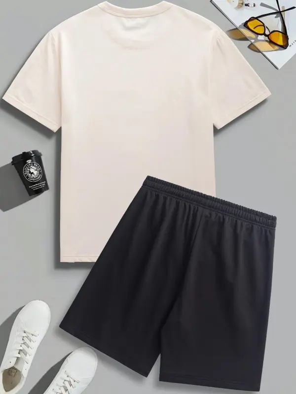 Two-Piece Set Men's Letter Print Tee & Shorts, Regular Fit Round Neck Short Sleeve T-Shirt & Track Shorts, Casual Summer Clothes Set for Outdoor 8