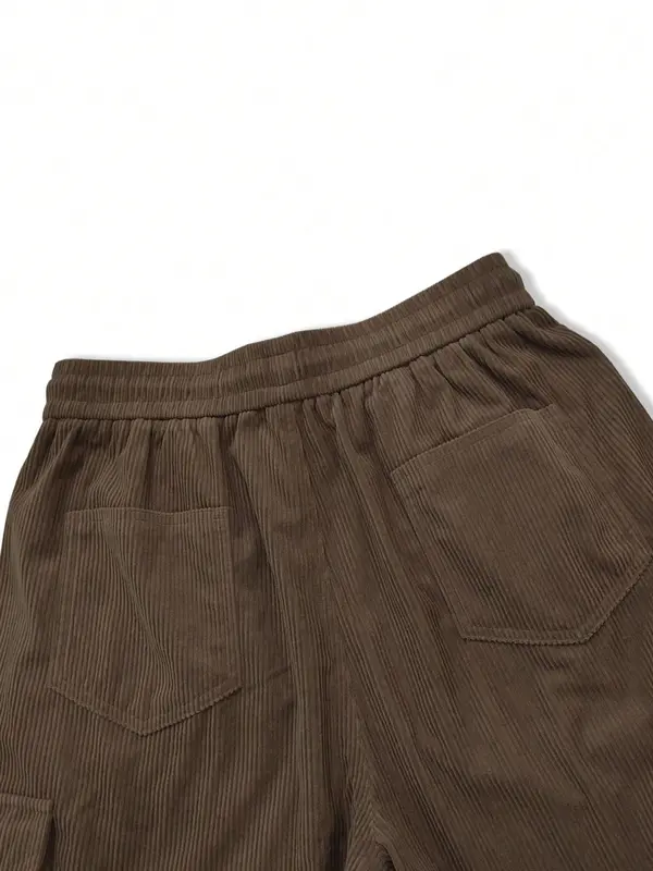 Men's Plain Flap Pocket Drawstring Waist Corduroy Cargo Pants, Regular Fit Street Fashion Zipper Split Trousers For Daily Wear, Men's Bottoms For Fall & Winter 5