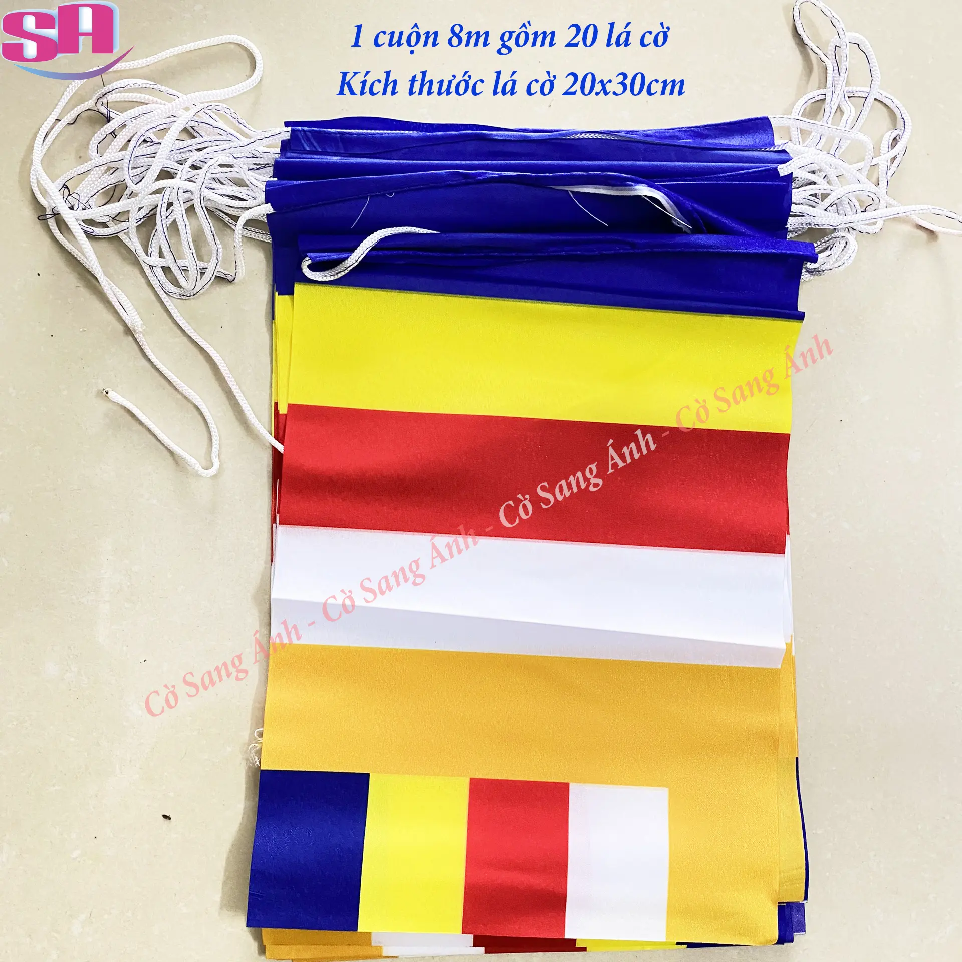Cờ Dây Phật Giáo Loại 8m gồm 20 lá cờ Chất Liệu vải Phi Bóng chịu được độ bền ngoài trời