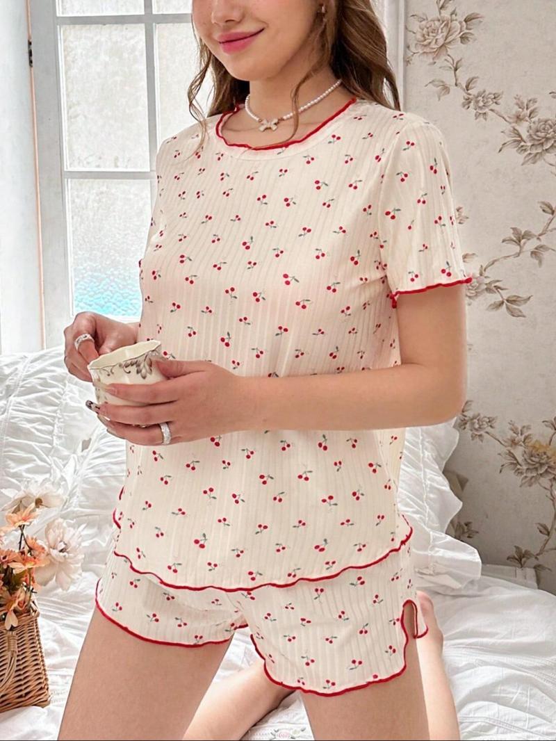 Product Introduction of Women's All Over Cherry Print Lettuce Trim Round Neck Tee & Elastic Waist Shorts Pyjama Two-Piece Set, Casual Comfy Crew Neck Short Sleeve T-shirt & Curved Hem Shorts PJ Set, Ladies Summer Sleepwear 8