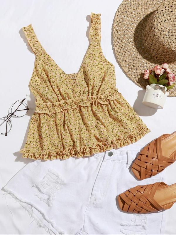 Women's Ditsy Floral Print Frill Trim Shirred Peplum Cami Top, Boho Fashion Deep V Neck Top for Daily Holiday Vacation Wear, Bohemian Tops for Women, Ladies Clothes for Summer, Womenswear 2