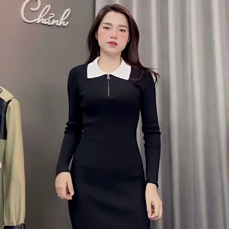 Váy Đen Trơn Cổ Trắng Sang Trọn Thanh Lịch 3