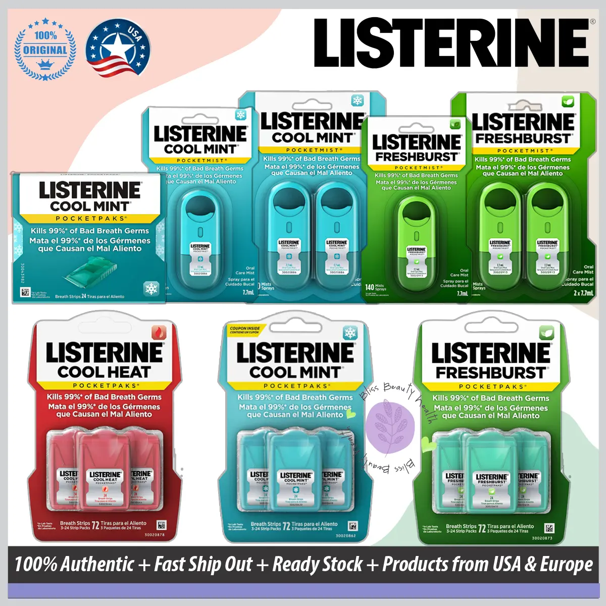 Listerine Freshburst Pocketpaks Breath Strips, Dissolving Breath Freshener Strips Kill 99% of Germs that Cause Bad Breath - USA Product