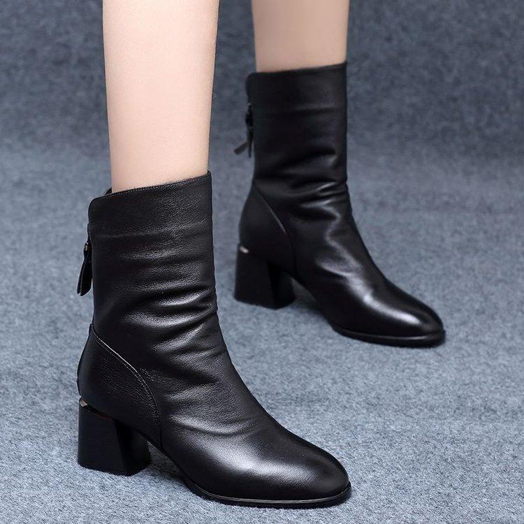  Bốt nữ cao cổ boots lót nỉ da mềm boot khóa kéo sau đế vuông mũi nhọn 6cm boost mùa đông boot nhăn - Vincent shop 