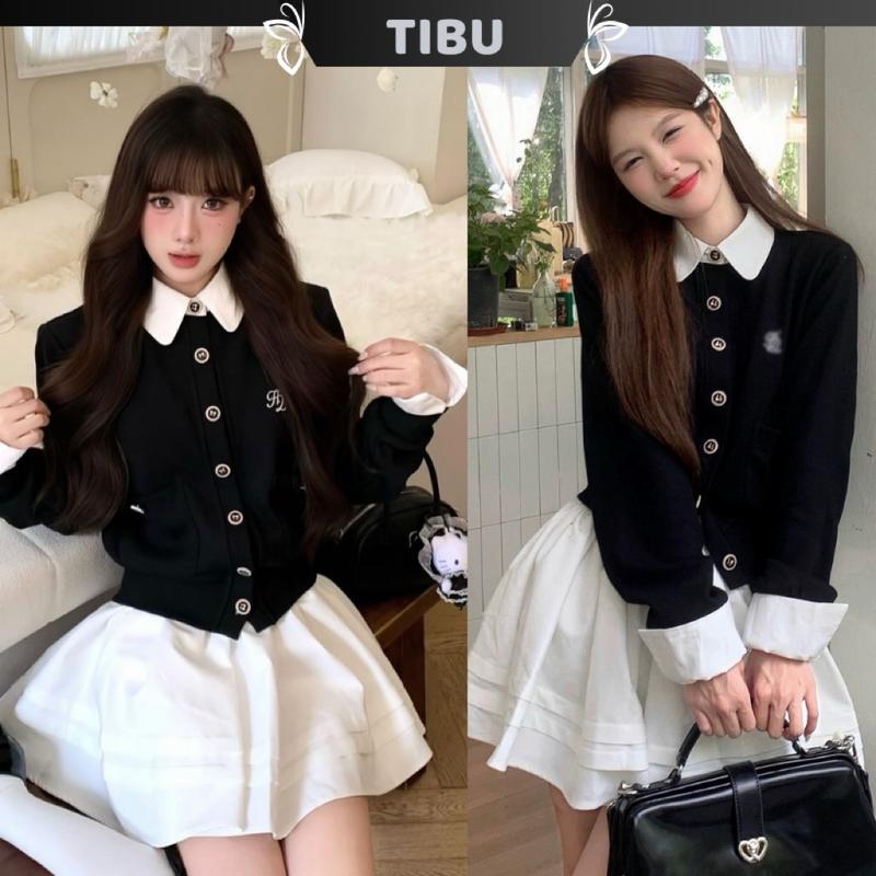  Set Áo Thun Cổ Sơ Mi Tay Dài Phối Chân Váy Xoè TIBU Set Đồ Nữ Xinh Xắn Sang Chảnh Đi Chơi Thu Đông B622 