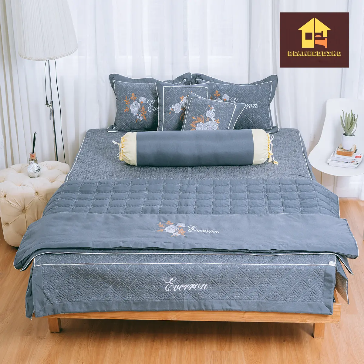 Bộ Ga Gối Cotton Poly 7 Món ( Chăn+Ga+ 5 Vỏ Gối Các Loại) Trần Bông 3 Lớp Cao Cấp Nhiều Màu Sắc Sang Trọng