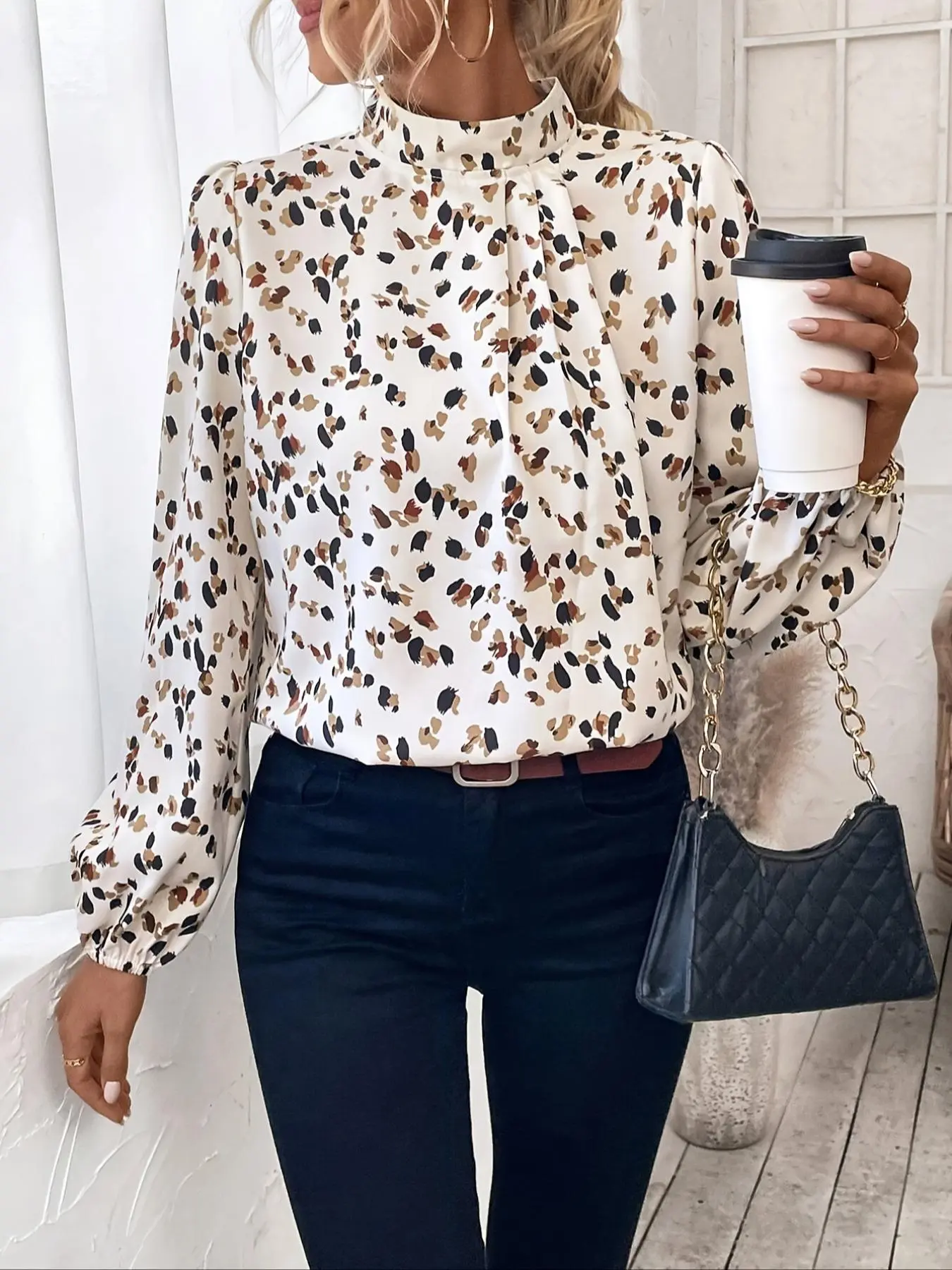 Women's All Over Print Plicated Blouse, Elegant Keyhole Back Bishop Sleeve Top for Spring & Fall, Ladies Clothes for Work Office Business