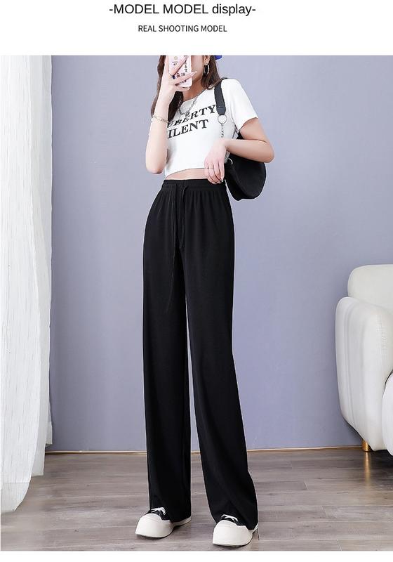 Product Introduction of Ice Silk Wide-Leg Pants Women's 2024 Summer Thin High Waist Drooping Slim Anti-Mosquito Casual Loose Straight Mop Trouser Womenswear Bottom Lingerie 13