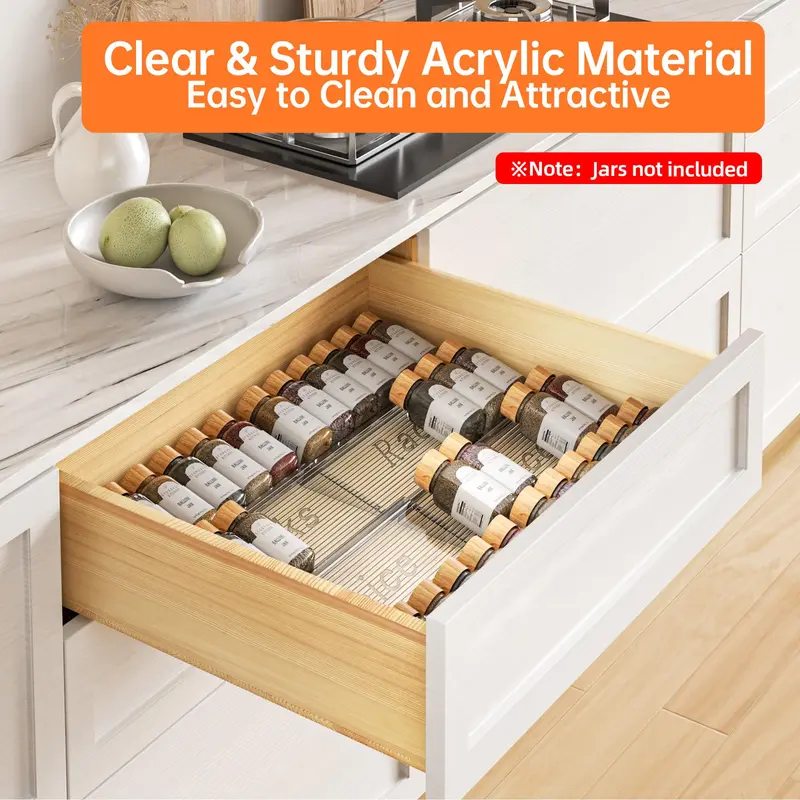 Expandable Acrylic Spice Drawer Organizer, 2 Sets 4 Tier Clear Kitchen Seasoning Rack, Kitchen Storage Organizer for Home Dining Room 3