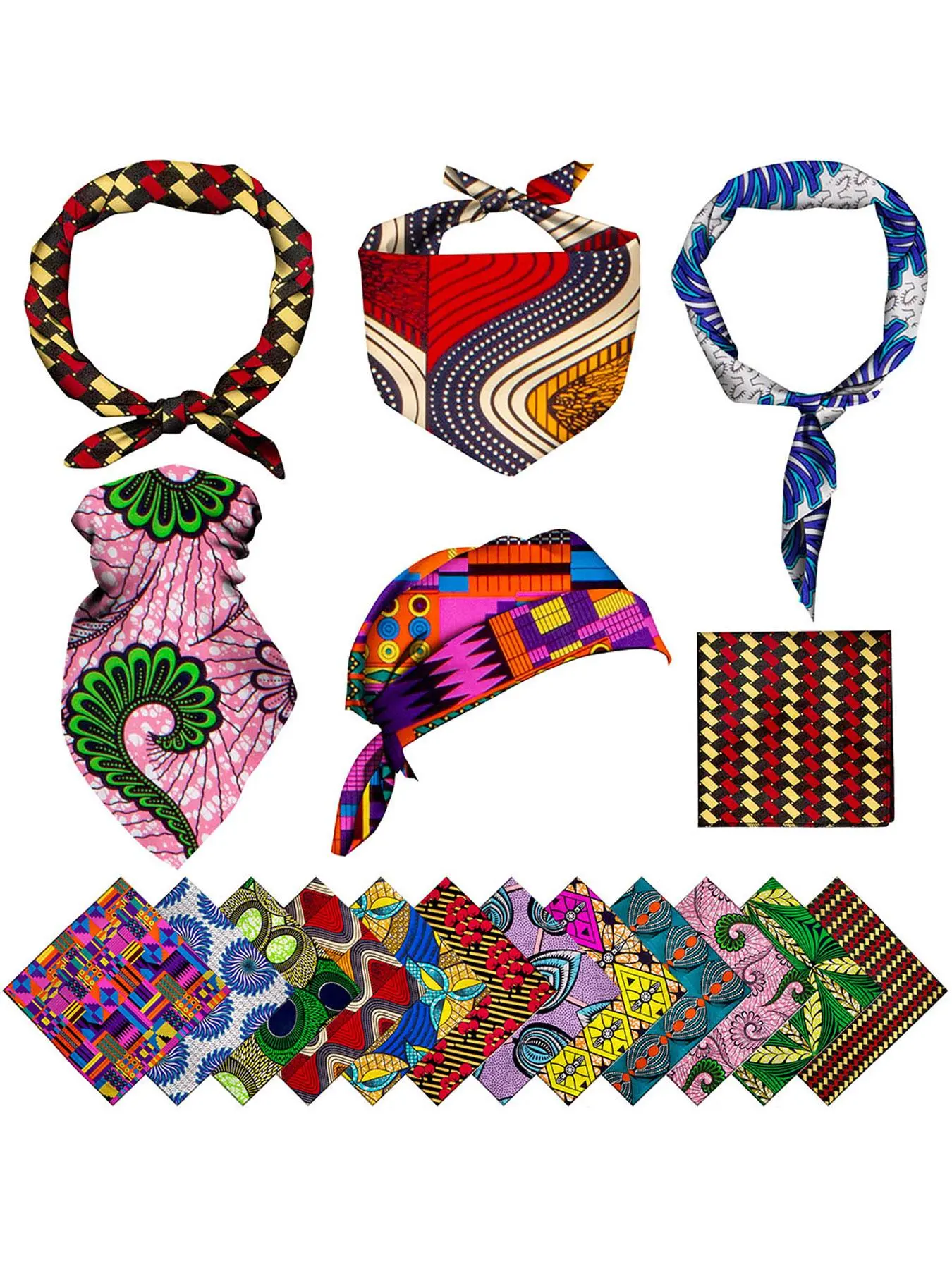 Random Color African Print Square Scarf, Multipurpose DIY Making Headscarf, Face Mask, Pocket Scarf, Fashion Accessories for Men & Women