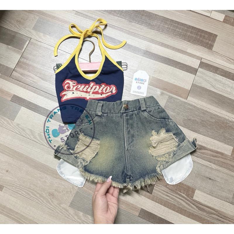 Bộ quần đùi jean rách cho bé gái MÀU BỤI và áo CROPTOP CỔ YẾM cho bé gái siêu cá tính , năng động ngày hè