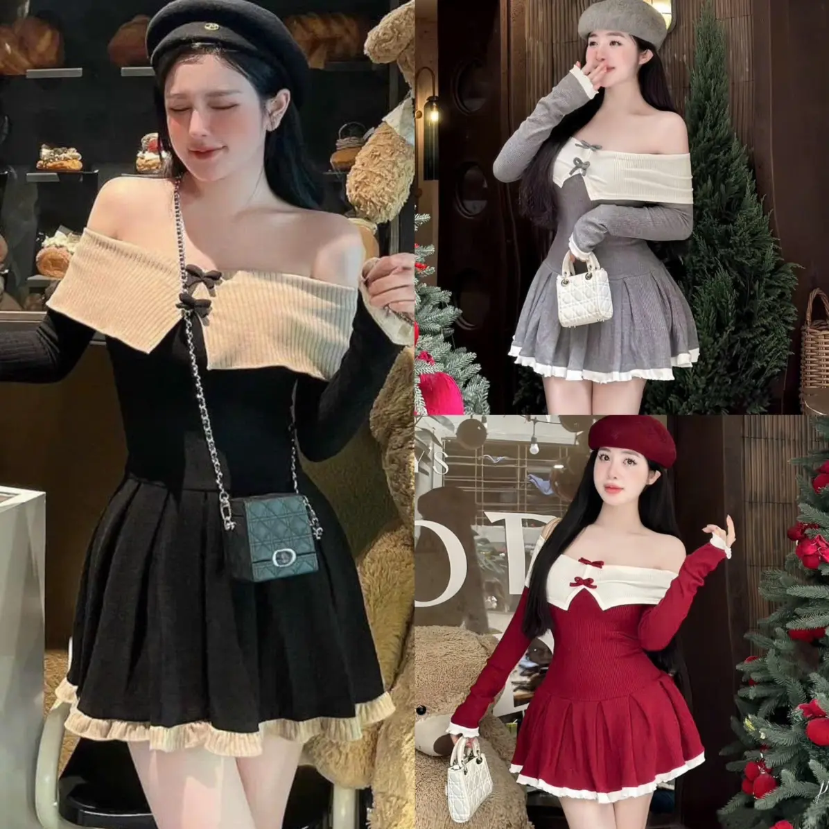 VÁY MIDI NGẮN CỔ THUYỀN NƠ XINH TRỄ VAI TAY DÀI Thông thường Nữ Women Dress đáng iu Váy chữ A Thun Nhung - Xmas - Tết vay body Tre