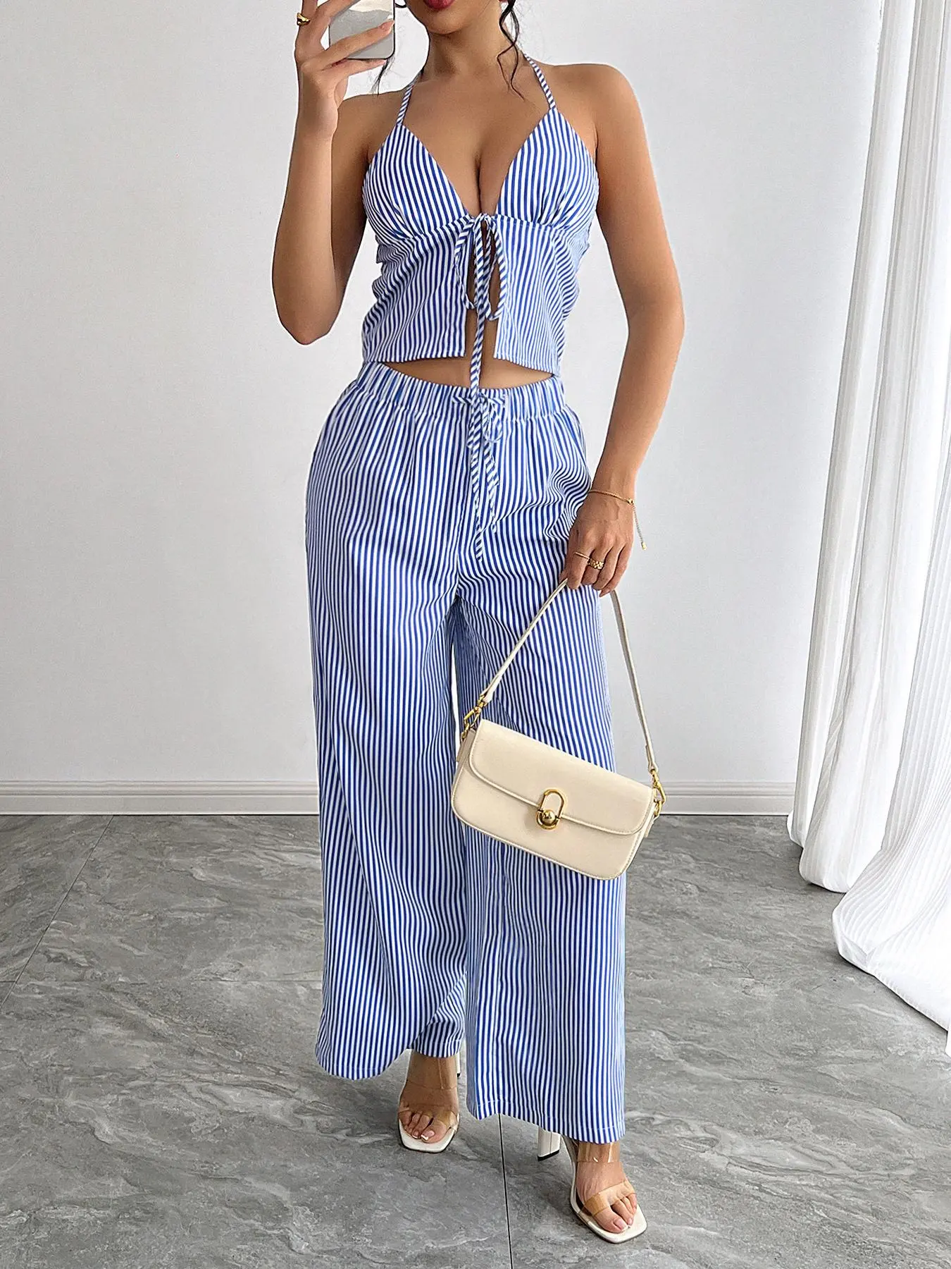 Women's Striped Print Tank Top & Wide Leg Pants Two-piece Set, Casual Fashion Cozy Two Piece Outfits for Daily Outdoor Wear, Ladies Clothes for Summer