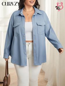 CURVZY Plus Size Denim-Effect Print Button Front Drop Shoulder Curved Hem Shirt Jacket, Casual Long Sleeve Collared Flap Pocket Jacket for Spring & Fall, Women's Clothes for Daily Wear
