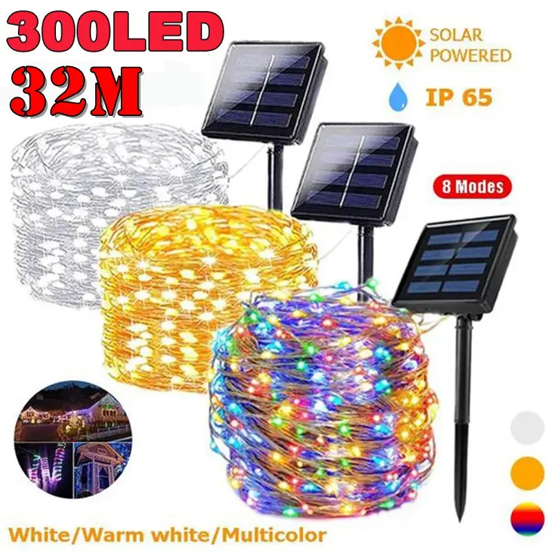 (With box) 32M Christmas lampu 8 Modes LED  Raya LED Solar String Copper Wire  LED  Strip DIY Outdoor Waterproof Lighting Bright  Camping