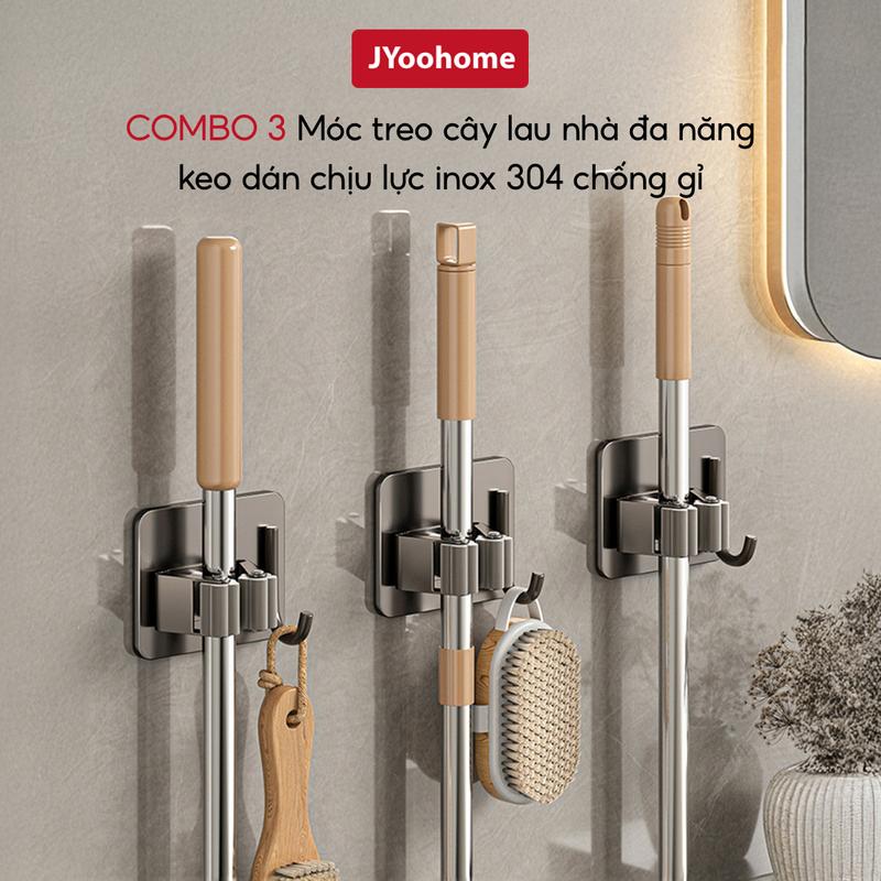 COMBO 3 Móc treo cây lau nhà đa năng keo dán chịu lực gắn tường JYoohome Móc kẹp giữ chổi dán tường inox 304 chống gỉ