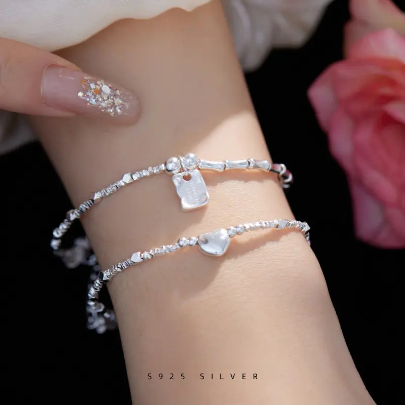 Unique S925 Silver Love Square and Bamboo Joint Friendship Bracelet with Irregular Pieces hypoallergenic  jewelry diamond  bracelet anklets wrist  band italian  charm gold classy  jewelry