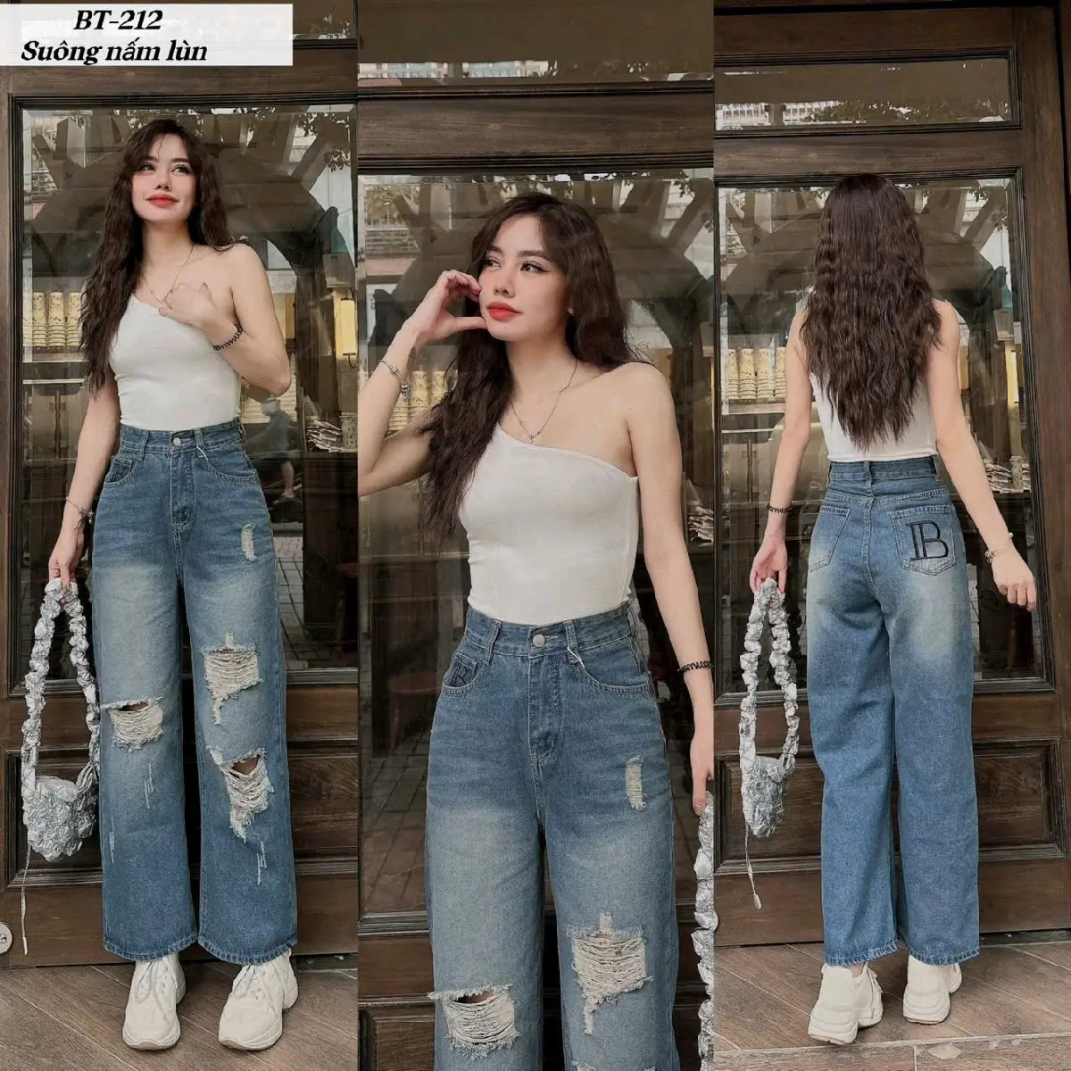 Suông 95cm( S->3XL) Quần jean Suông Lưng Cao,thêu IB.Rách gối