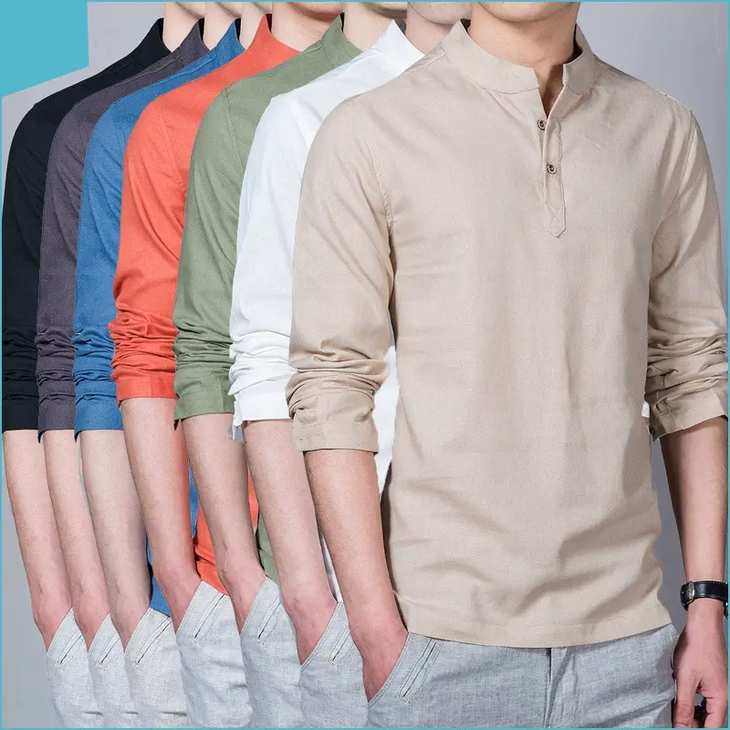 Men Kurta Shirt Long Sleeve Linen Smart Casual Plain Shirts Formal Muslimah Raya Tops