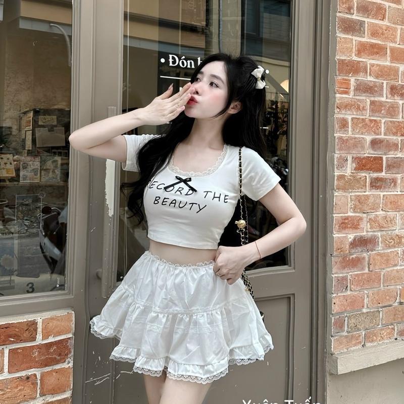 Set áo crt kèm chân váy xin xắn - style dể thương - freesize dưới 65kg - dành cho mùa hè Nữ Kem Top set  botieuthu 3