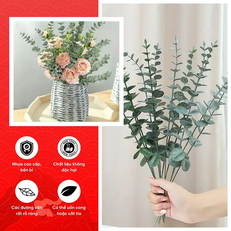5 Nhánh Lá Táo Phấn Lá Khuynh Diệp Nhựa Bó Hoa Lụa Sáp Cô Dâu Trang Trí Đám Cưới Nhà Cửa 50cm 2