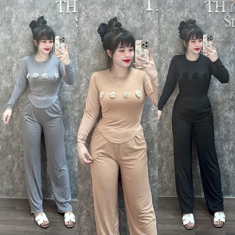 ĐỒ BỘ THUN TĂM co dãn Áo tay dài may hoa len vạt bầu , quần ống suông lưng thun